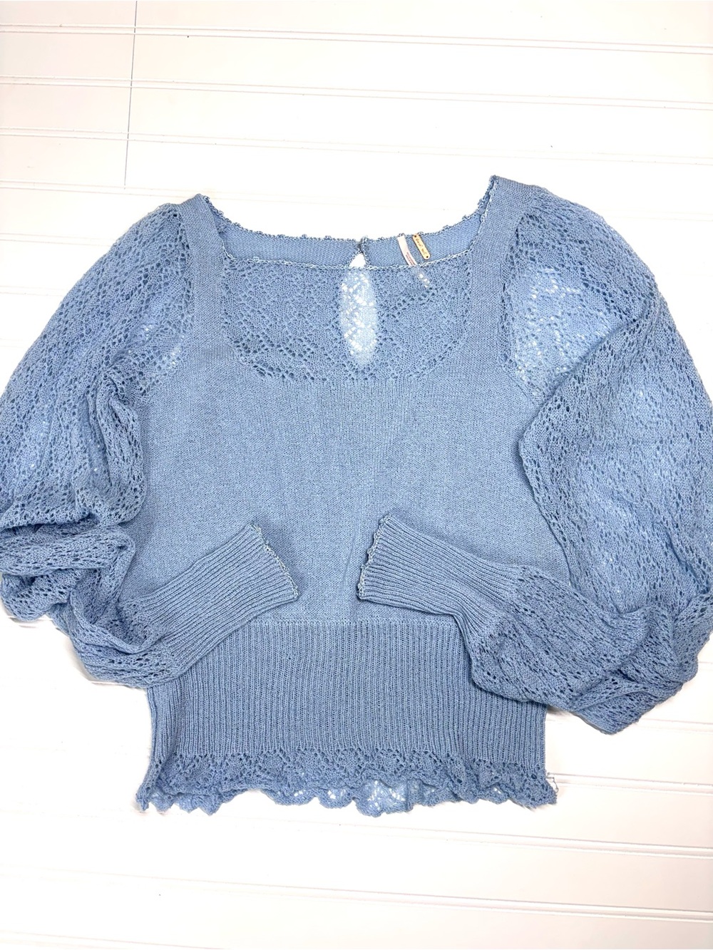 Free People Feminine Fancy Long Sleeve Lace Knit Blouse Sweater Balloon Sleeve